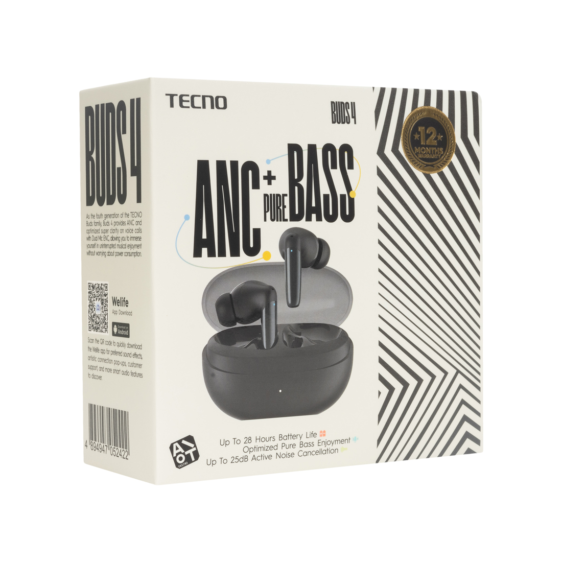 Беспроводные наушники, TECNO, Buds 4, BD04, 20 Гц - 20000 Гц, вес 39,9 г, 50 мАч (один наушник), 500 мАч (кейс), Bluetooth 5.3, Type-C, (Black) Черный