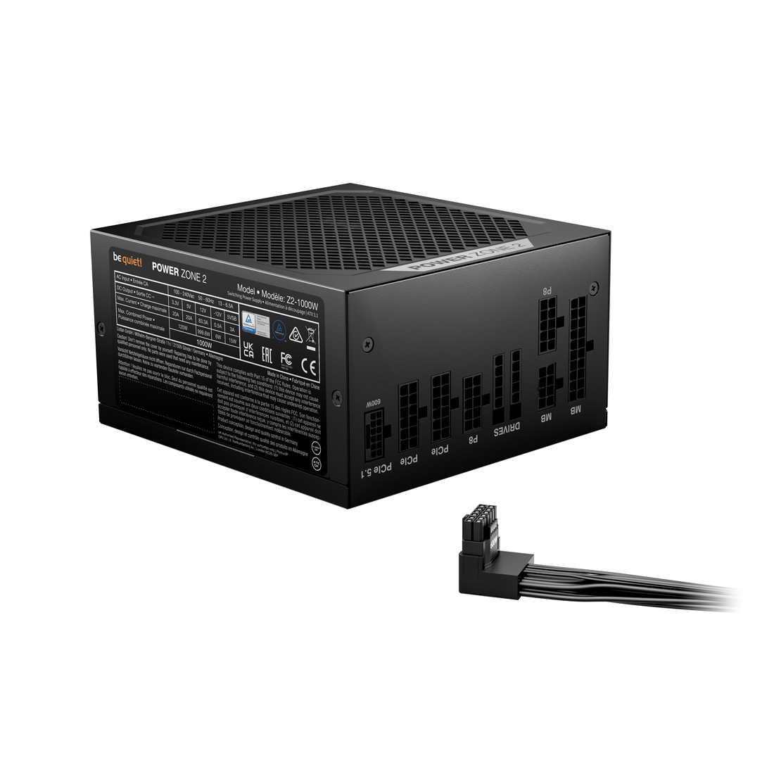Блок питания, Bequiet!, POWER ZONE 2 1000W, BP008EU, 1000W, ATX 3.1, Platinum, APFC, 20+4 pin, 2*4+4pin, 7*Sata, 1*Molex, 3*PCI-E 6+2 pin, 1*12VHPWR, Modular, Вентилятор 14мм, 160*150*86 см, Чёрный