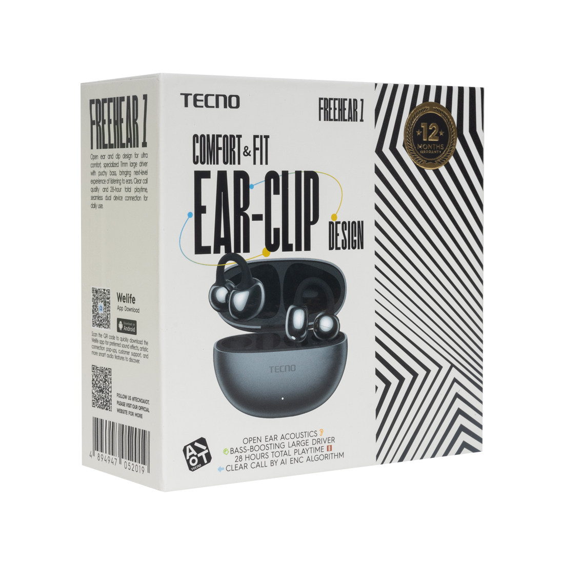 Беспроводные наушники, TECNO, FreeHear 1, OW01, 20 Гц - 20000 Гц, вес 39,9 г, 46 мАч (один наушник), 460 мАч (кейс), Bluetooth 5.4, Type-C, (Grey) Серый