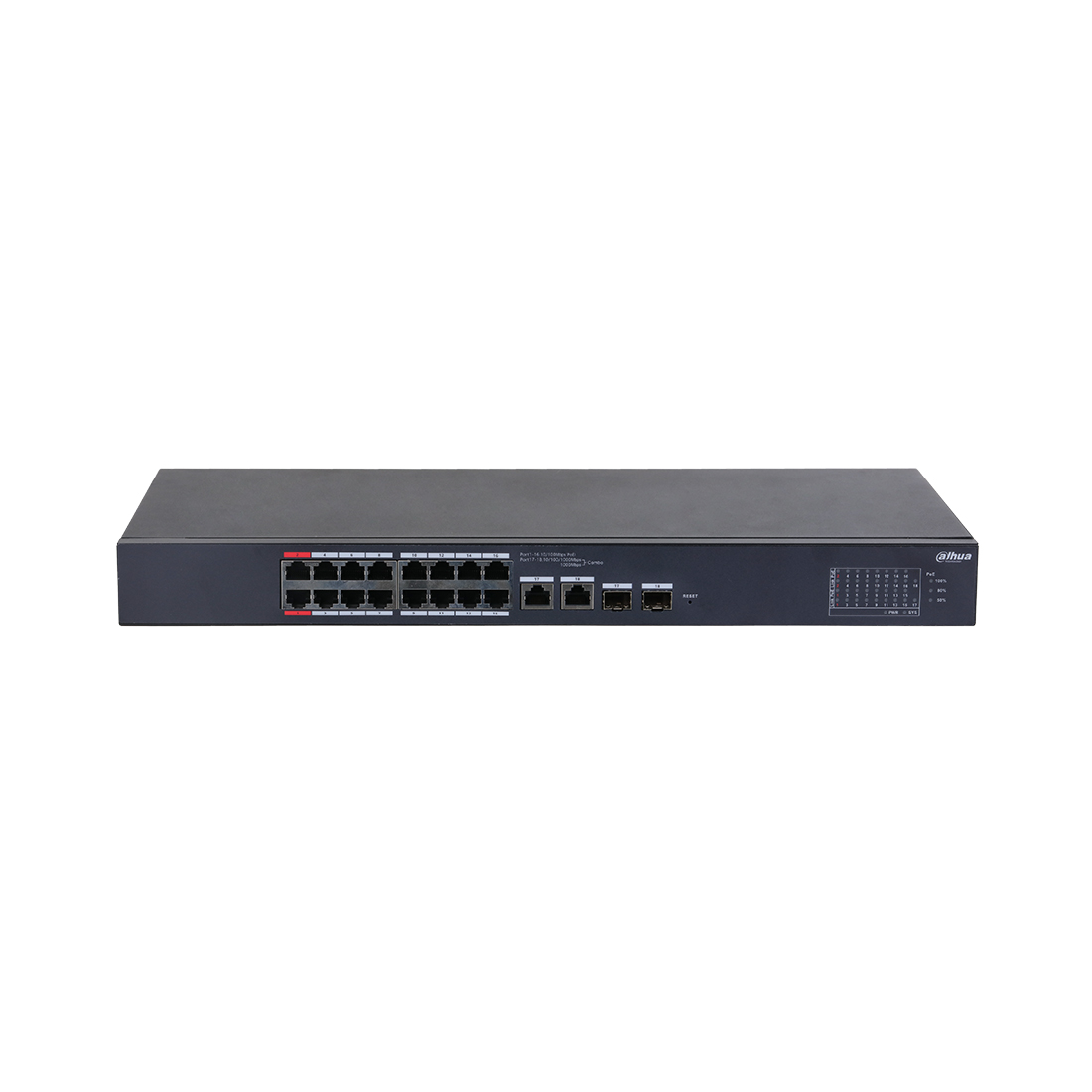 Коммутатор, Dahua, DH-CS4218-16ET-135, Управляемый, 16 портов 10/100M (PoE 802.3af/at/Hi-PoE,110W), 2 порта 10/100/1000M RJ-45/SFP (combo)