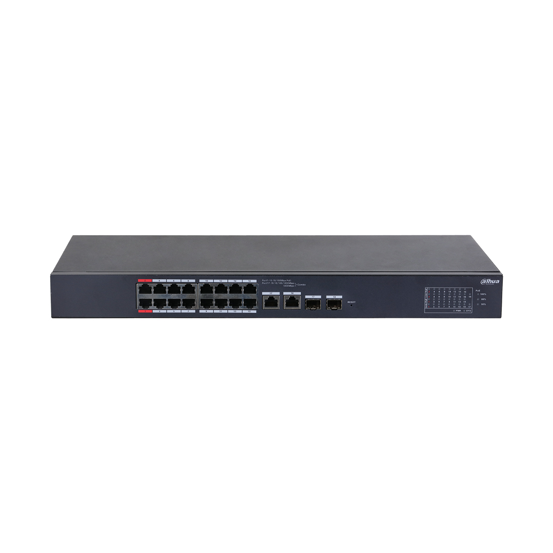 Коммутатор, Dahua, DH-CS4218-16ET-240, Управляемый L2, 16  RJ-45 10/100 Mbps (PoE).total  240 W, 2  RJ-45 10/100/1000 Mbps (combo). 2  SFP 1000 Mbps (combo)