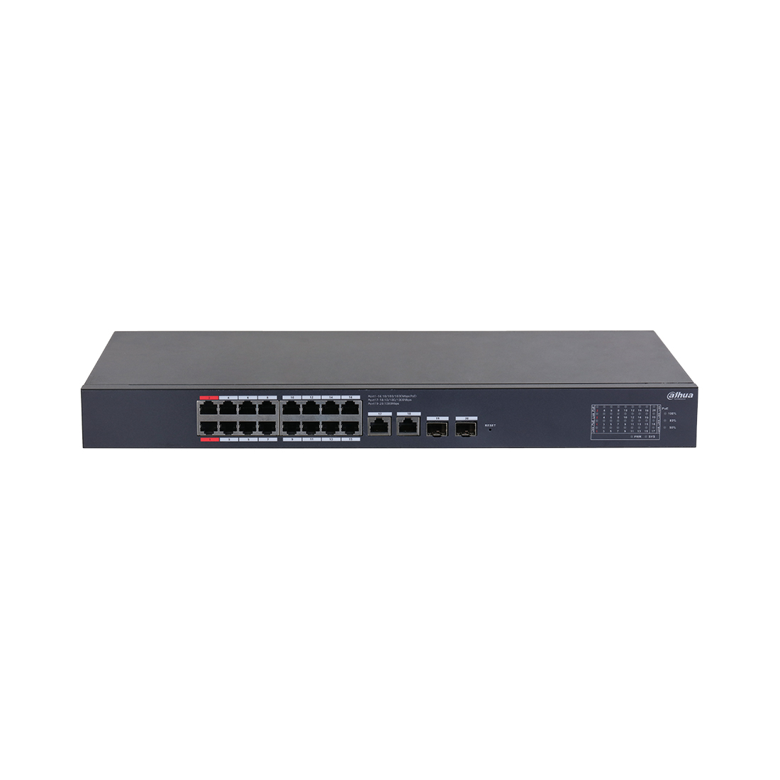 Коммутатор, Dahua, DH-CS4220-16GT-190, Управляемый, 16 портов 10/100/1000M (PoE 802.3af/at/Hi-PoE,190W), 2 порта 10/100/1000M RJ-45,2 порта 10/100/1000M SFP