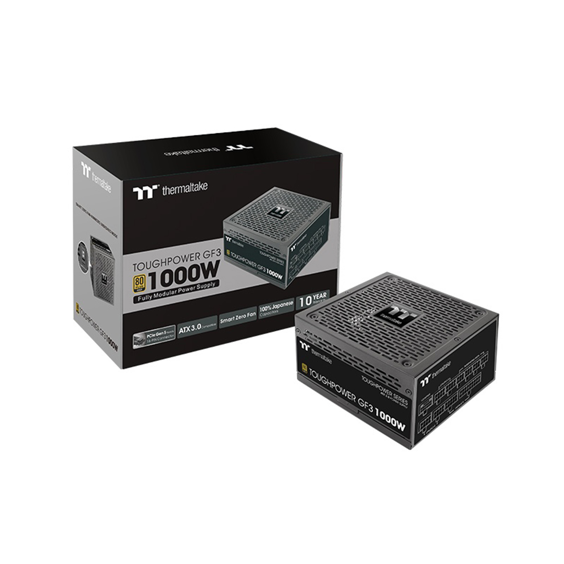 Блок питания, Thermaltake, Toughpower GF3 1000W, PS-TPD-1000FNFAGE-4, 1000W, ATX 3.0, Gold, APFC, 20+4pin, 4+4pin, 8pin, 12*Sata, 4*Molex, 4*PCI-E 6+2pin, PCI-E 12+4pin, FDD, Modular, Вентилятор 13.5см, 150х86х160мм, Чёрный