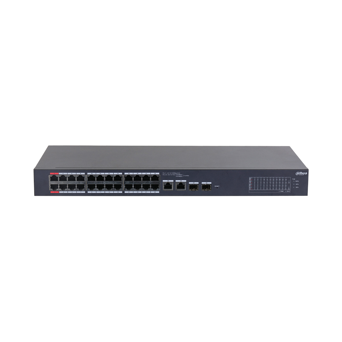 Коммутатор, Dahua, DH-CS4226-24ET-375, Управляемый L2, 24  RJ-45 10/100 Mbps (PoE).total  375 W, 2  RJ-45 10/100/1000 Mbps (combo). 2  SFP 1000 Mbps (combo)