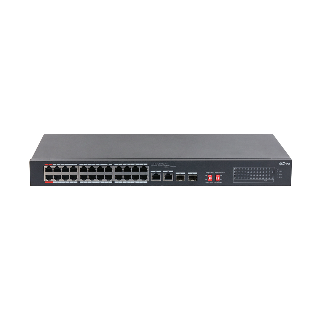 Коммутатор, Dahua, DH-S3226-24ET-240, Неуправляемый, 24 порта 10/100M, 2 комбо порта SFP/RJ-45(1000 Мбит/с), PoE Стандарт IEEE802.3af/at/bt, Hi-PoE, PoE бюджет  240 Вт