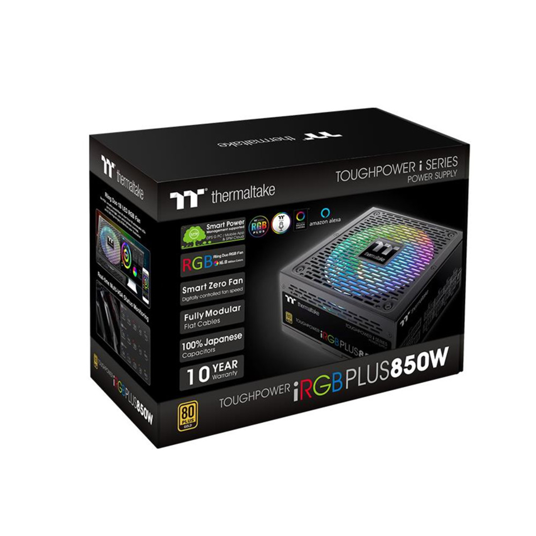 Блок питания, Thermaltake, Toughpower iRGB 850W, PS-TPI-0850F3FDGE-1, 850W, ATX, Gold, APFC, 20+4 pin, 2*4+4pin, 12*Sata, 4*Molex, 6*PCI-E 6+2 pin, FDD, Modular, Вентилятор RGB 14 см, 150х86х160мм, Чёрный
