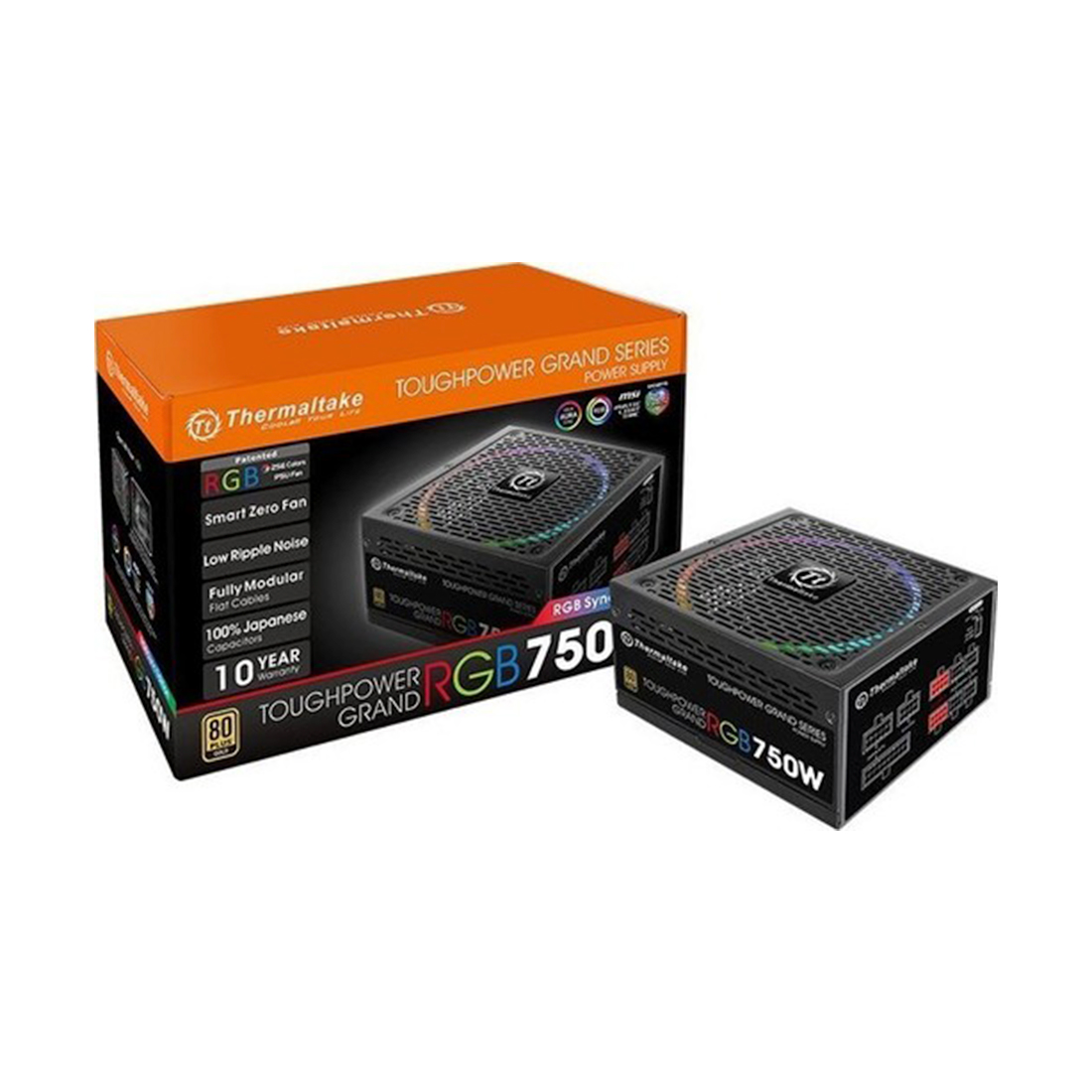 Блок питания, Thermaltake, Toughpower Grand RGB Sync Edition 750W, PS-TPG-0750FPCGEU-S, 750W, ATX, Gold, APFC, 20+4 pin, 2*4+4pin, 12*Sata, 4*Molex, 6*PCI-E 6+2 pin, FDD, RGB sync cable, Modular, Вентилятор RGB 14 см, Чёрный