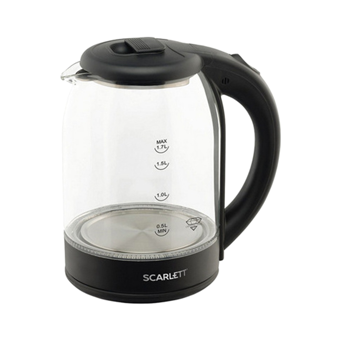 Чайник электрический, Scarlett, SC-EK27G90, Объем 1.7 л, Стекланный корпус, Температура нагрева воды 100 C°, Отсек для хранения электрошнура, Длина сетевого шнура 0.85 м, Мощность 1800 Вт, Черный