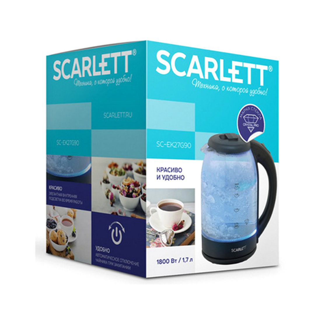 Чайник электрический, Scarlett, SC-EK27G90, Объем 1.7 л, Стекланный корпус, Температура нагрева воды 100 C°, Отсек для хранения электрошнура, Длина сетевого шнура 0.85 м, Мощность 1800 Вт, Черный
