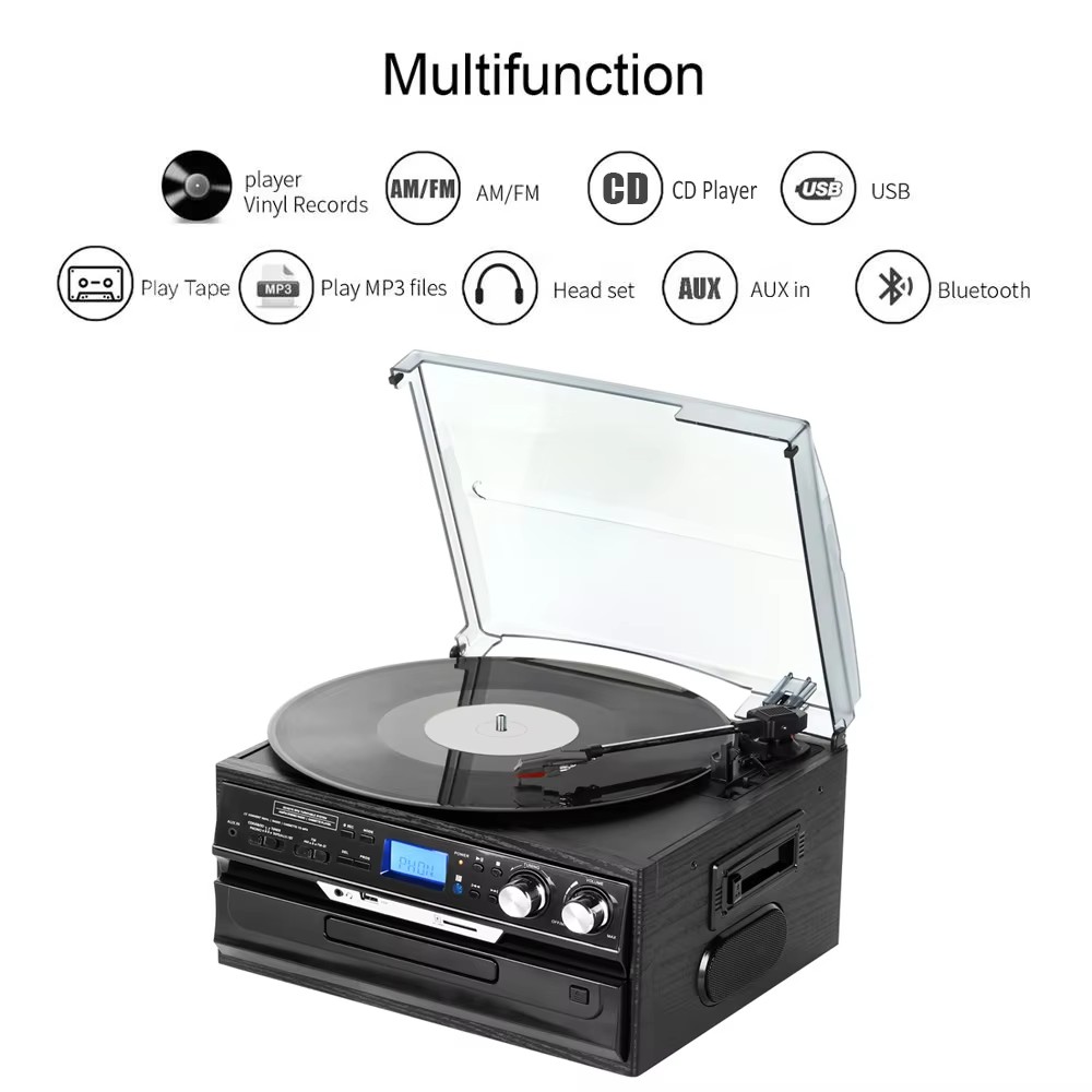 Multi Turntable Player Wooden Nostalgic Mechanical Turntable 6 in 1 Audio BT Fully Automatiquie Plastic Vinyl Record Player