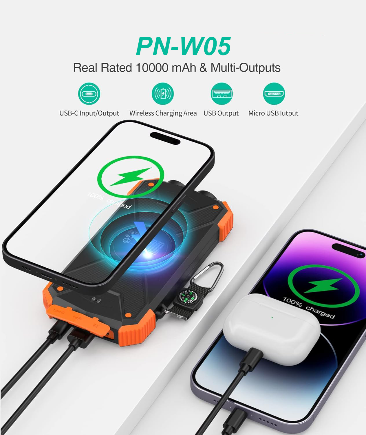 10,000mAh Solar Power Bank PD20W Wireless Charging Fast Charging Waterproof Anti-Shock Non-Slip ABS Material CE Certified Best