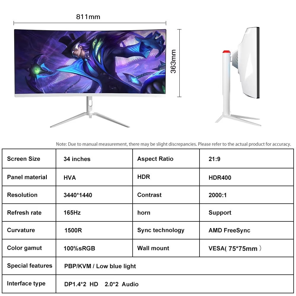 4K Curved Gaming Monitor with 1MS Response Time 34 Inch 3440*1440 165Hz HVA LED LCD  3C Certified Fast Delivery Gaming Monitor