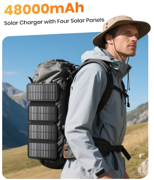 Solar Charger Power Bank 48000mAh Wireless Portable Charger Built-in 4 Cables and 4 Solar Panels