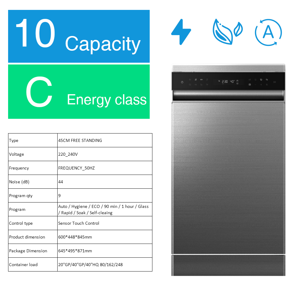 Hyxion Stainless Steel Kitchen Appliances 45CM FREE STANDING Auto Hygiene ECO  90 min Dishwashers