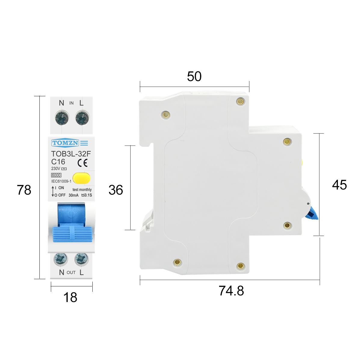 TOMZN RCBO 1P+N 6KA Residual Current Differential Automatic Circuit Breaker Over Current Leakage protection 18MM 230V 50/60Hz