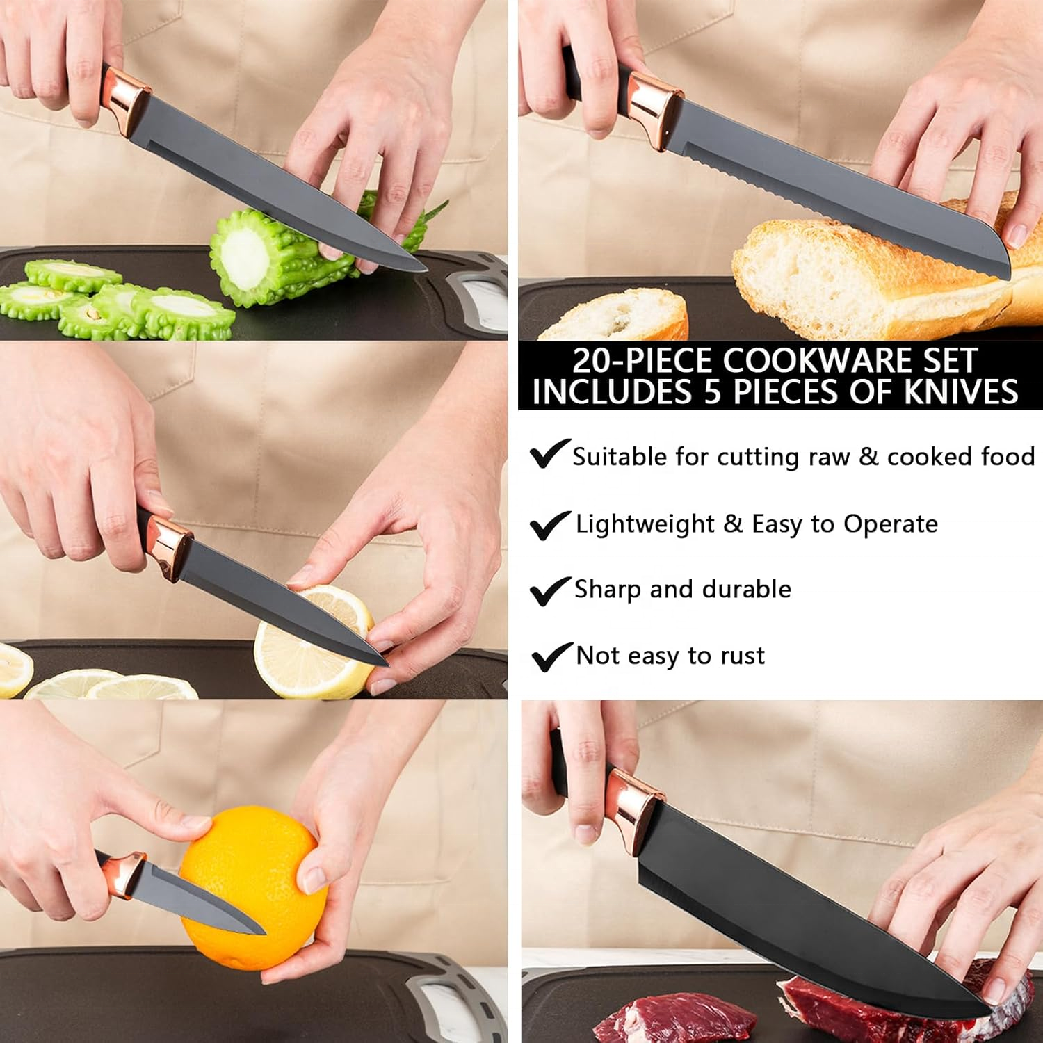 Kitchen Utensils Set, 19 Piece Stainless Steel Kitchen Knife Set, Silicone Cookware with Wooden Handle for Home Kitchen