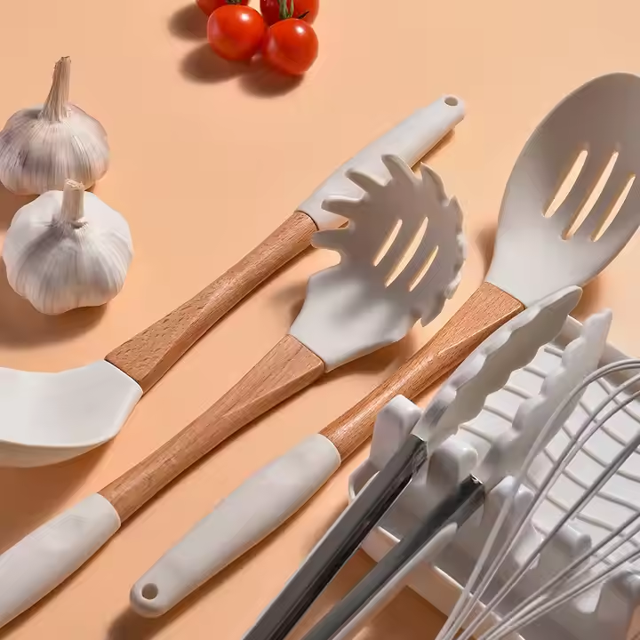 13-Pcs Silicone Kitchen Utensils Set Wooden Handle Non-Stick Heat Resistant BPA-Free Cookware Stirring Spatula Spoon