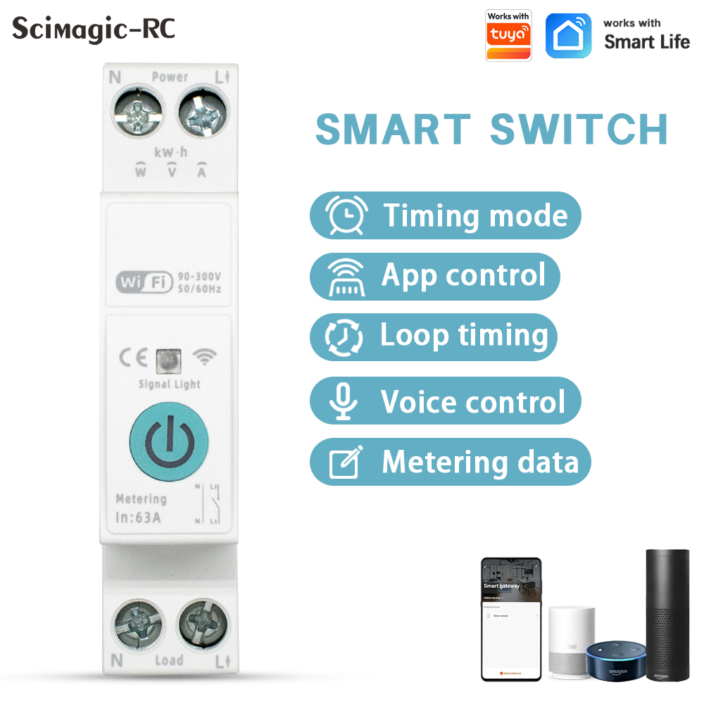 WiFi Smart Circuit Breaker 63A DIN Rail Power Metering Remote Voice Control Switch Works with Smart Life Alexa Google Home