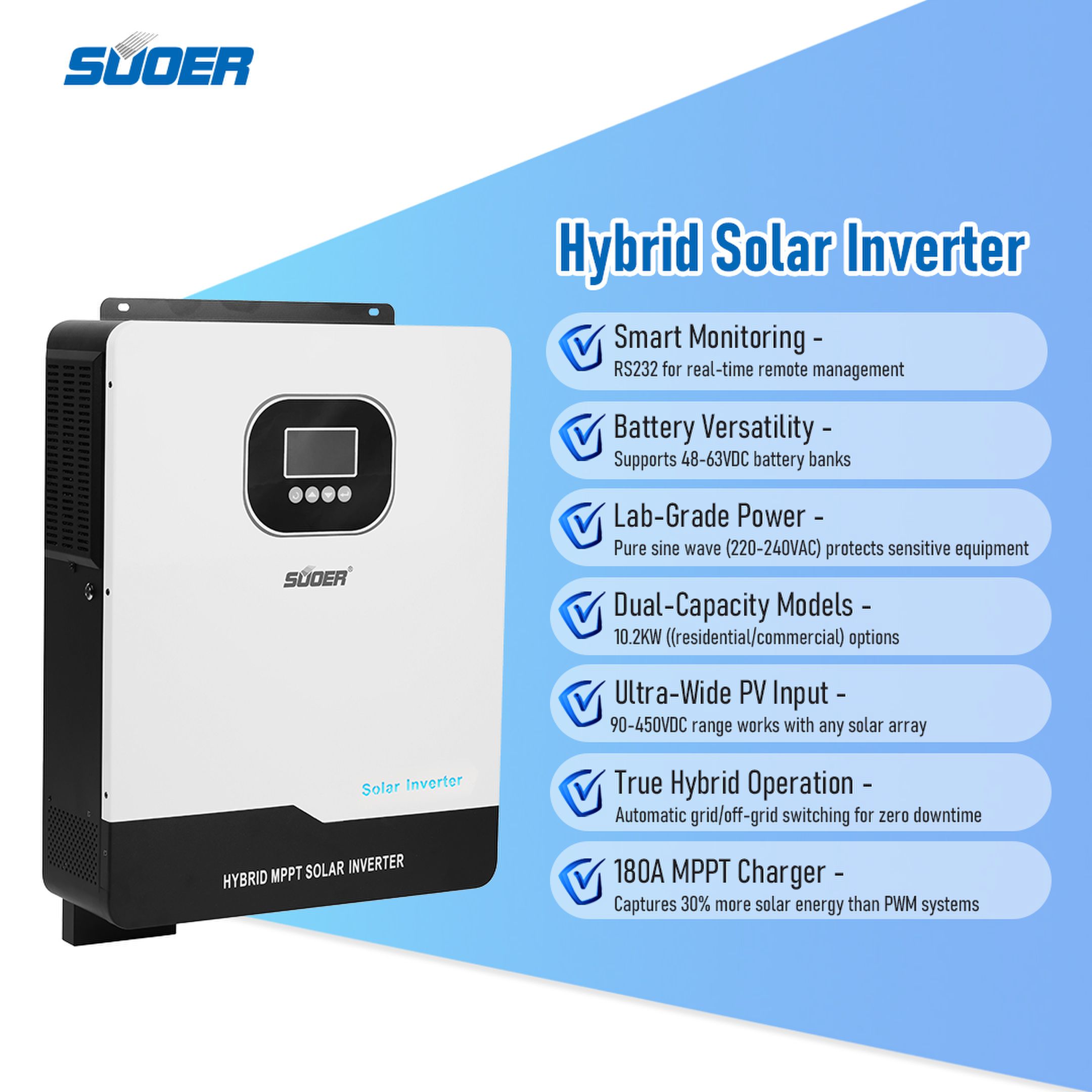Solar Inverter 6000w Wifi Hybrid Solar Inverters Off Grid 3kw 4.2kw 5kw 6.2kw 10kw 24v 48v Solar Hybrid Inverter Set for Home