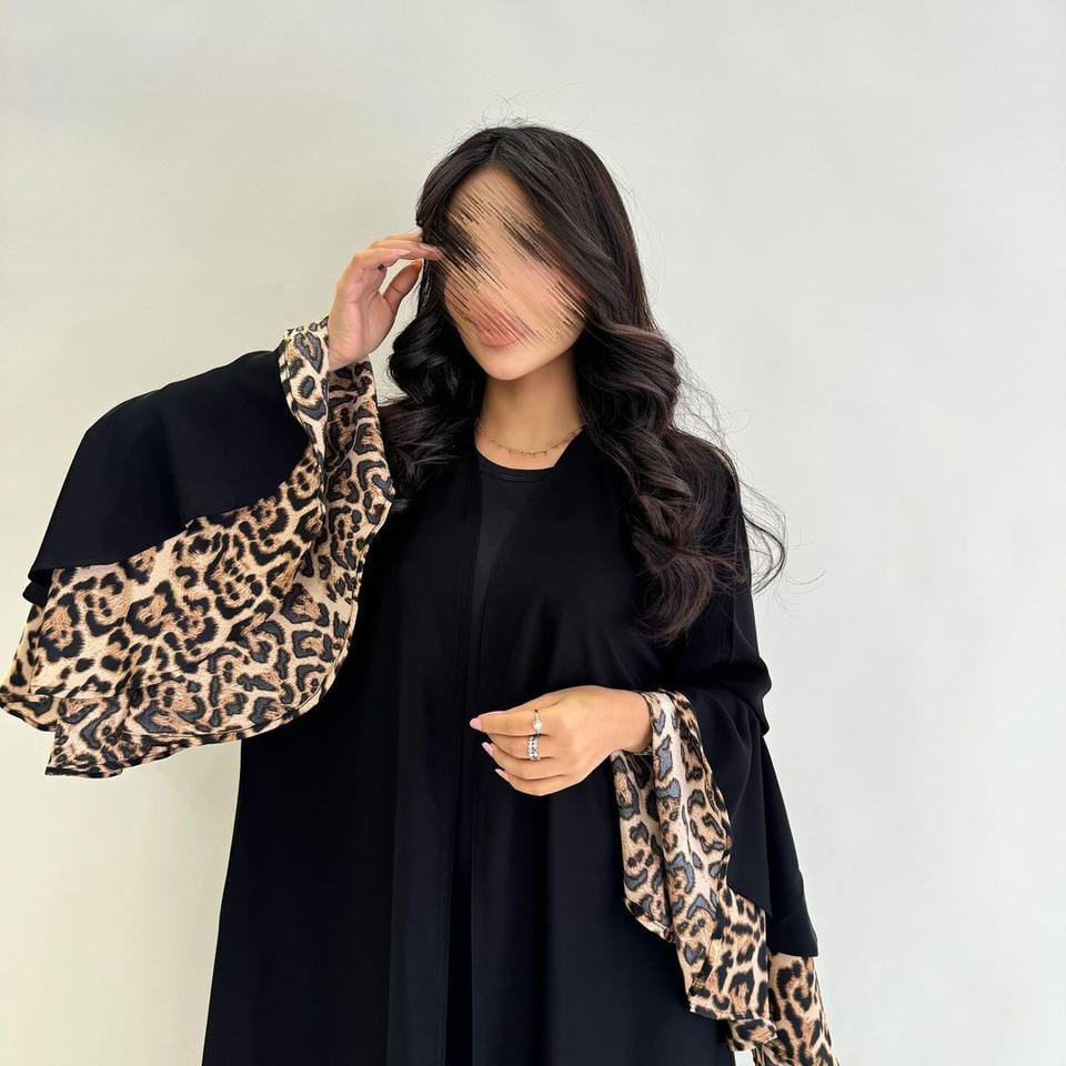 Wide Sleeve Leopard Print Black Open