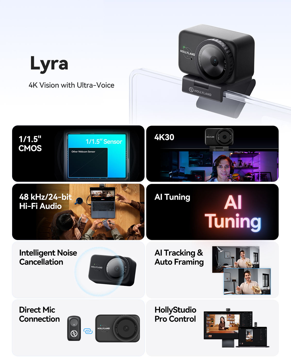 Hollyland Lyra 4K UHD CMOS Sensor Webcam Combo 50MP Video Meetings & Training Recording Live Streaming Online