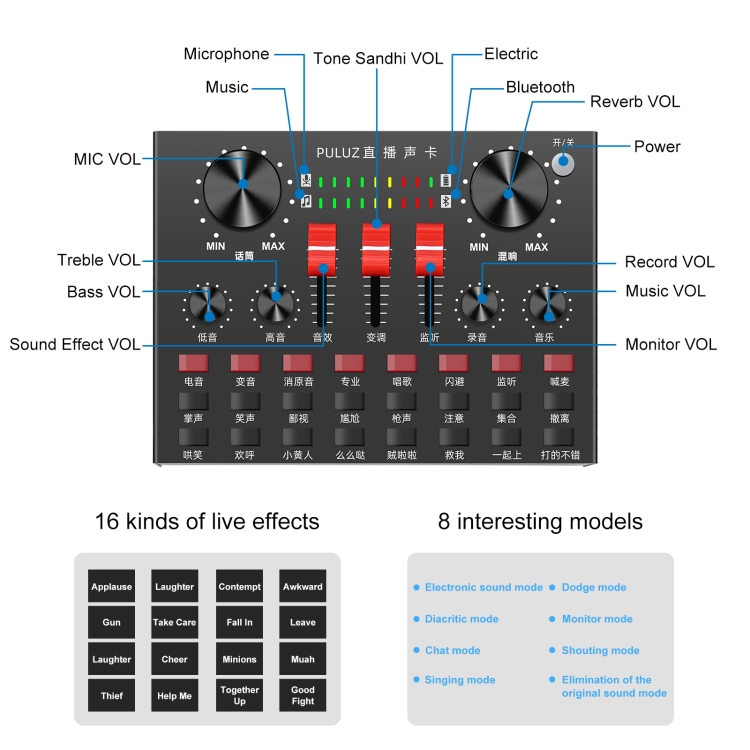 PULUZ Live Broadcasting Sound Card BT Karaoke Singing Recording Sound Mixer