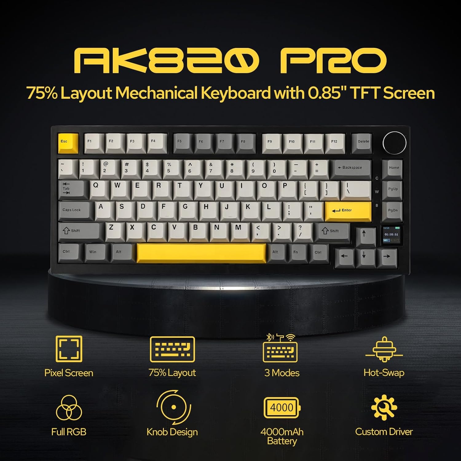 Ajazz AK820 Pro 75% RGBG Gaming Mechanical Keyboard Three-Mode Flying Fish Axis TFT Smart Display Knob 2.4G Connectivity Grey