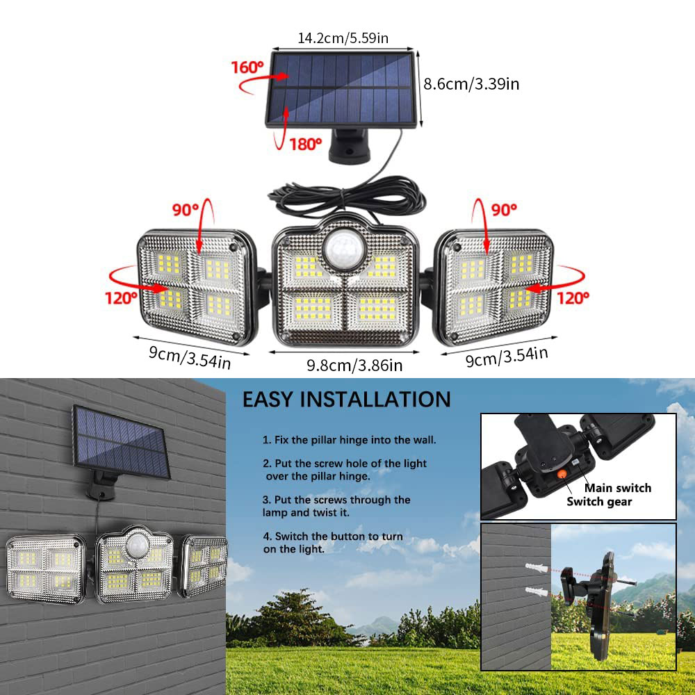 Factory Wholesale Outdoor Solar Powered Garden Lamp LED Solar Light Remote Control 3 Heads Motion Sensor Lights LED Flood Light
