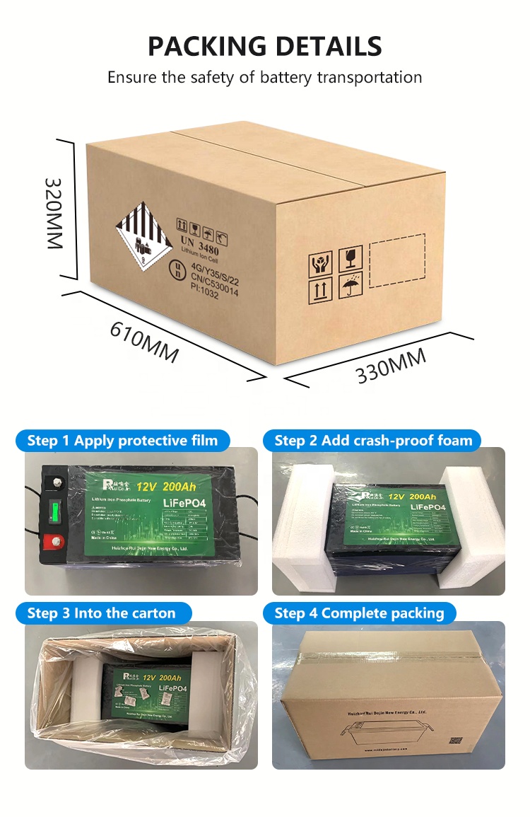 Ruidejin 12V Household Energy Storage System 200Ah LiFePO4 Prismatic Solid State Battery 6000 Cycles 3C-5C Discharge Rate -20C