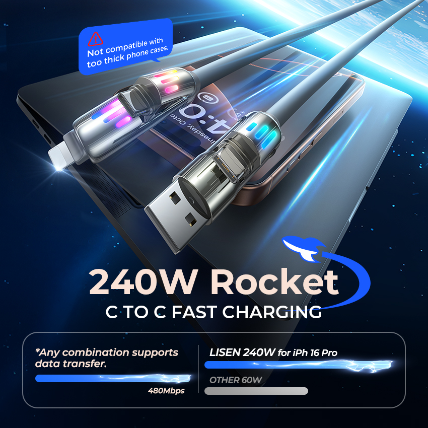 LISEN Super Fast Charging 4-in-1 Flexible 240W USB Cable with RGB Colour LED Efficiency for Laptop Tablet Android & IOS Devices
