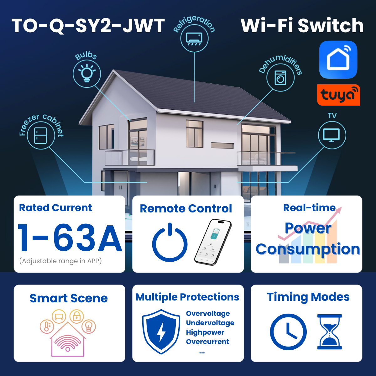 TONGOU Smart Life DIN Rail Customized Electric Smart Switch Tuya 1P+N Wifi Smart Mcb Mini Circuit Breaker 16 Amp 63A 50A 20A