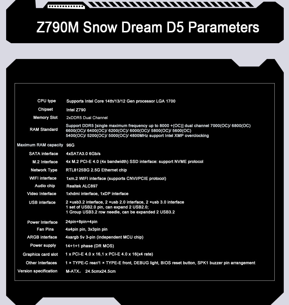 JGINYUE Z790M Snow Dream D5 Motherboard M-ATX PC Motherboard Supports 12th 13th 14th Generation LGA1700 Platform Processors