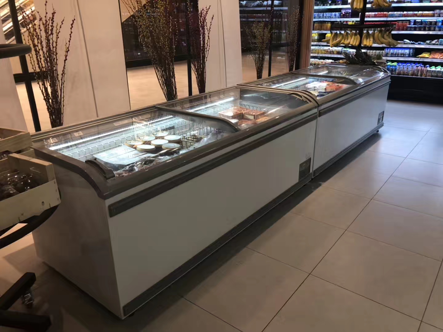 Supermarket Commercial Island Freezer Sliding Glass Curved Lid Chest Combined Island Fridge Freezer