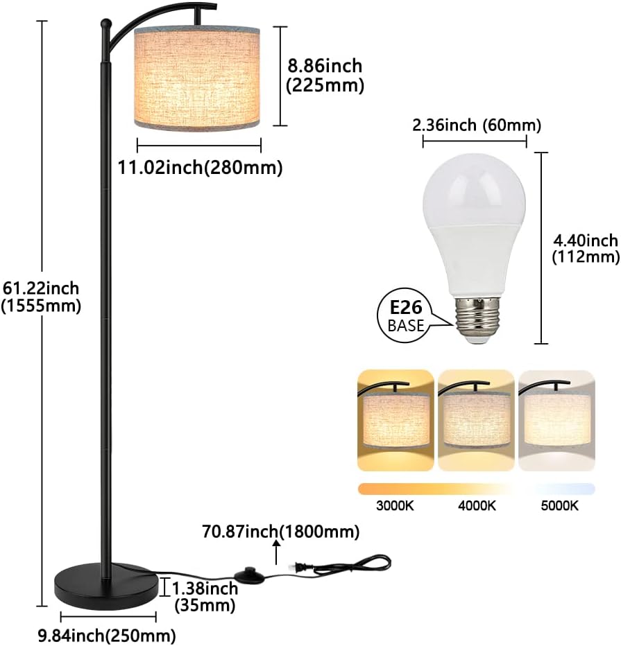 Floor Lamp Standing Lamp 3 Color Temperatures Tall Industrial Floor Lamp Reading for Bedroom Living Room