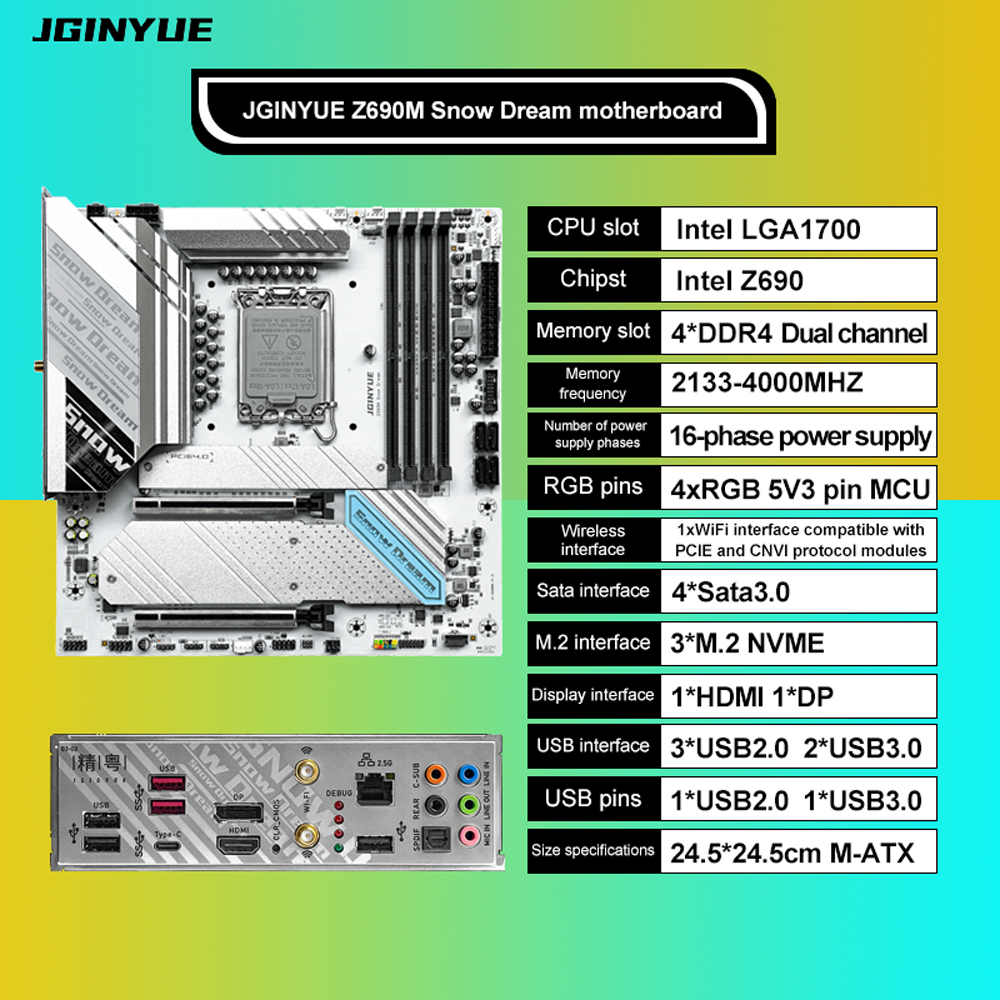 JGINYUE Z690M Snow Dream D4  Motherboard 4xDDR4 Memory Slots for Desktop