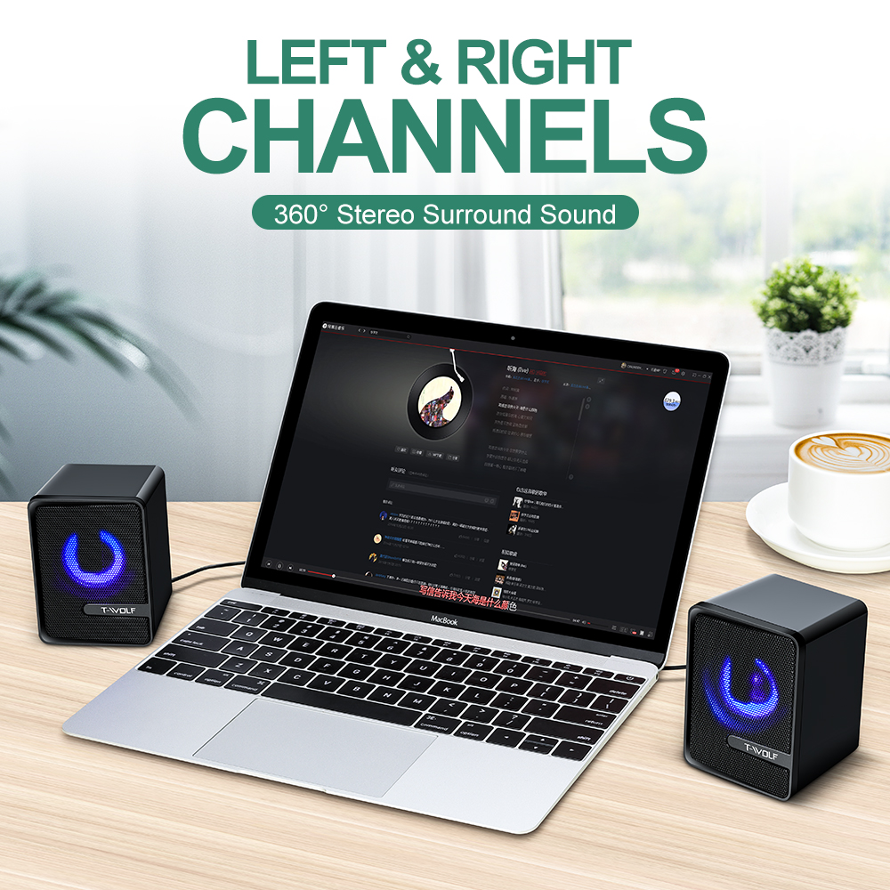 T-WOLF S3 Computer Desktop Speaker Stereo Sound LED Colorful Light Subwoofer Wired Home Theater System Multimedia Gaming Speaker