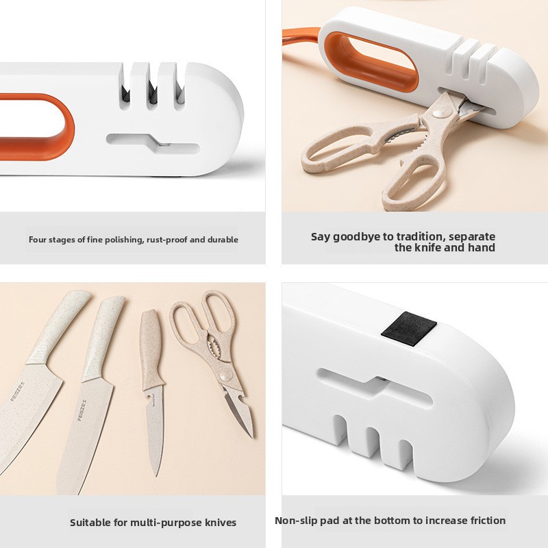 4-in-1 Knife Sharpener and Scissors Multifunctional Non-slip Kitchen Whetstone Household Manual Sharper Kit with Rubber Hanger