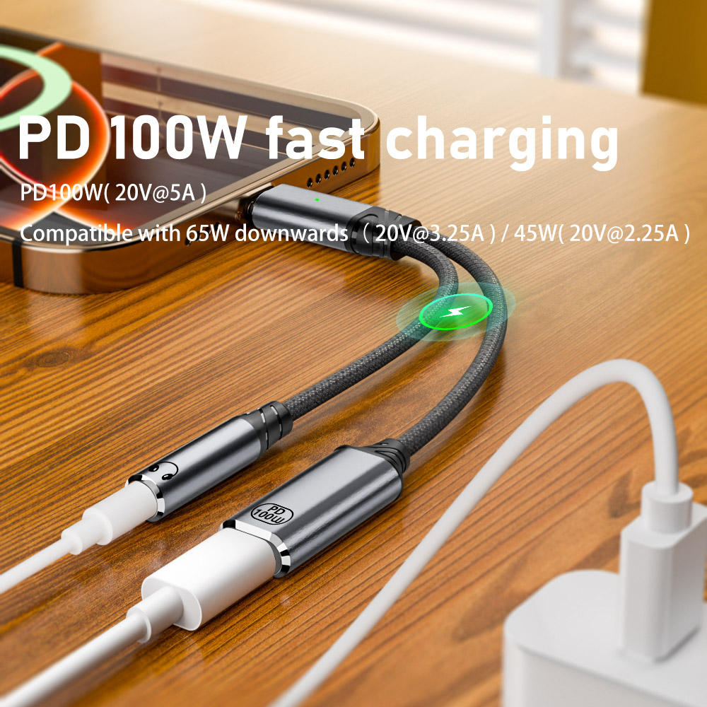 2-in-1 USB-C Headphone Adapter PD 100W Fast Charging 3.5mm Audio Jack Nylon Cable Speaker Microphone Amplify Computer Projector