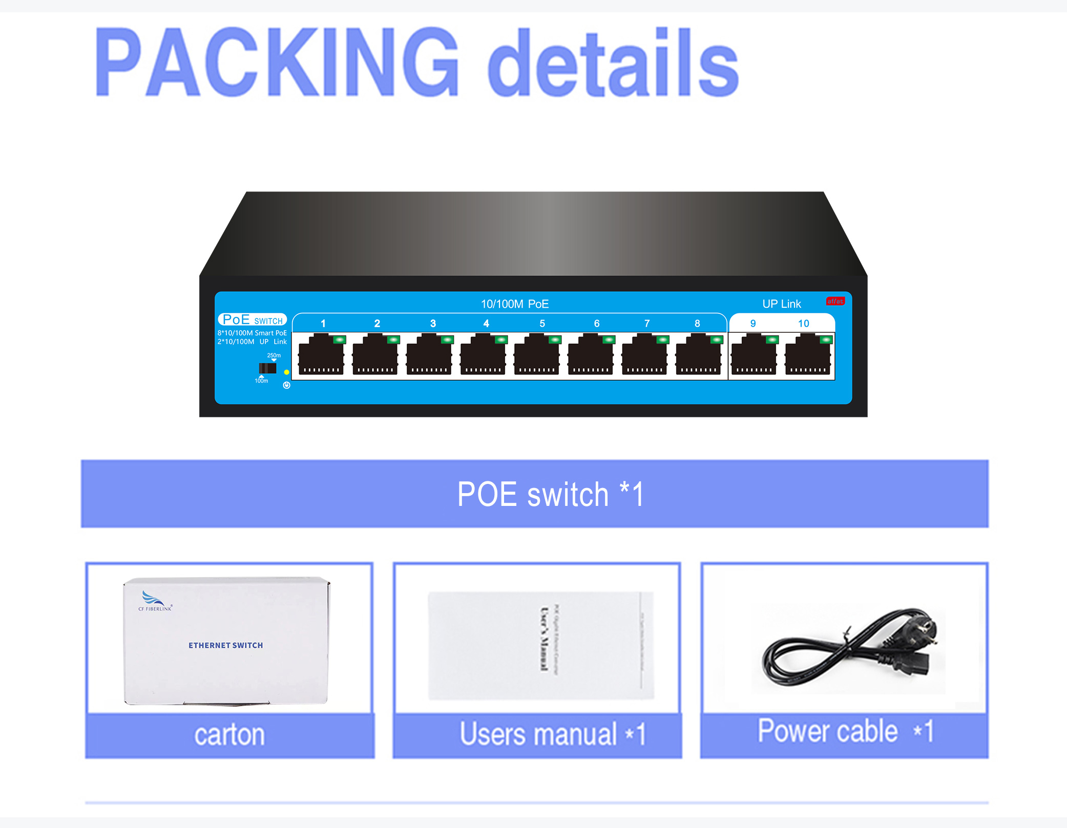 8+2 100M 10 Port PoE Network Switch IP Camera Dedicated IEEE802.3af/at Standard 52V2.3A 120W Single Port Maximum Power 30W