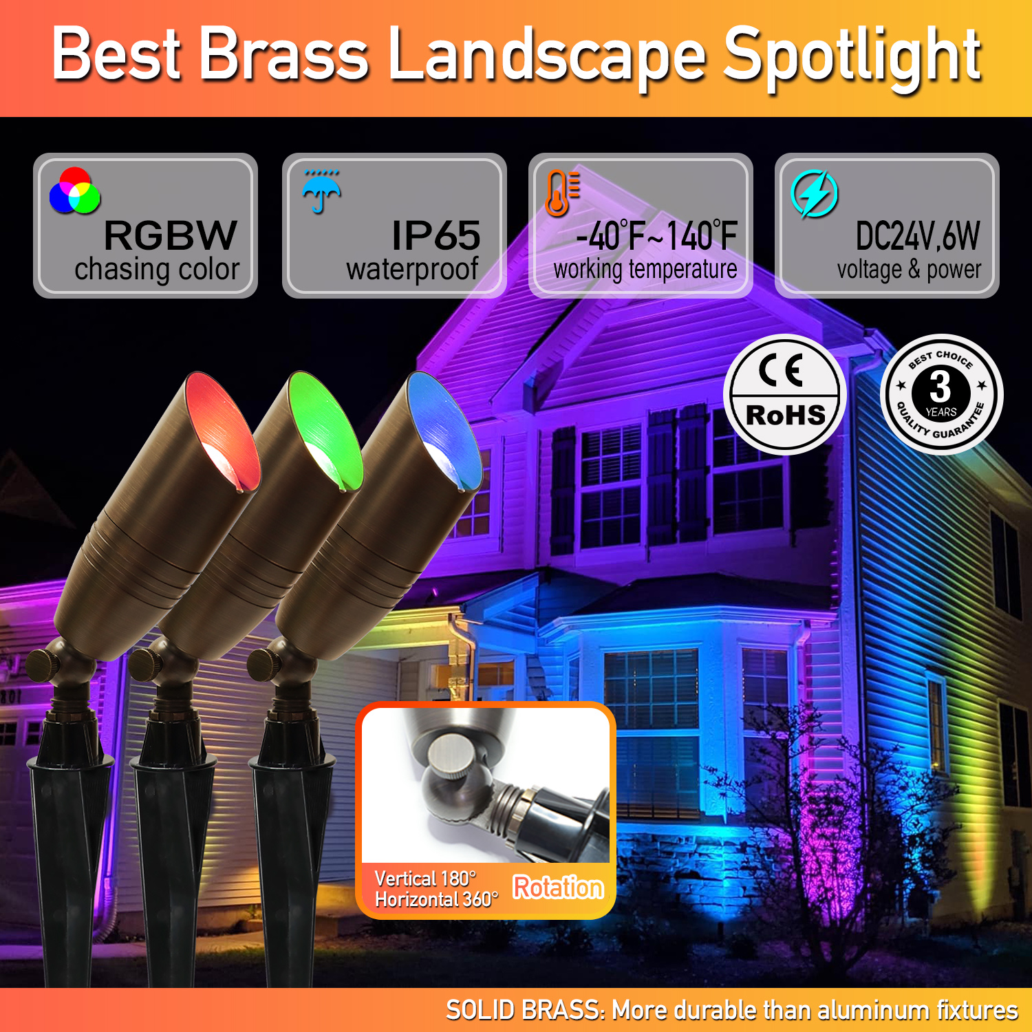 Led Garden Lights Rgbw Chasing Color Uplight 6w 24v IP65 Waterproof Led Landscape Tree Lighting Brass Spot Light