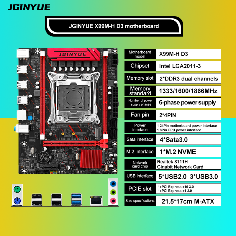 JGINYUE X99M-H D3 Motherboard M-ATX Motherboard 64GB RAM Capacity LGA2011-3 Socket for Desktop