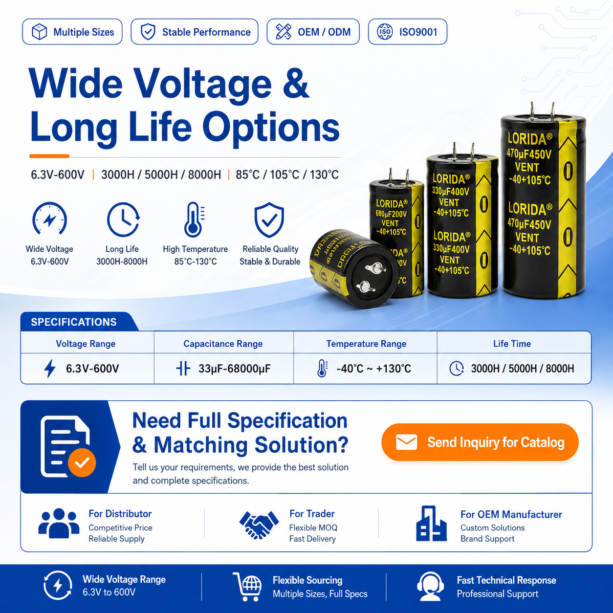 LORIDA 25V 35V 50V 63V 80V 100V 200V 250V 400V 450V 100uf 150uf 220uf 330uf 680uf 1000uf Snap in Aluminum Electrolytic Capacitor