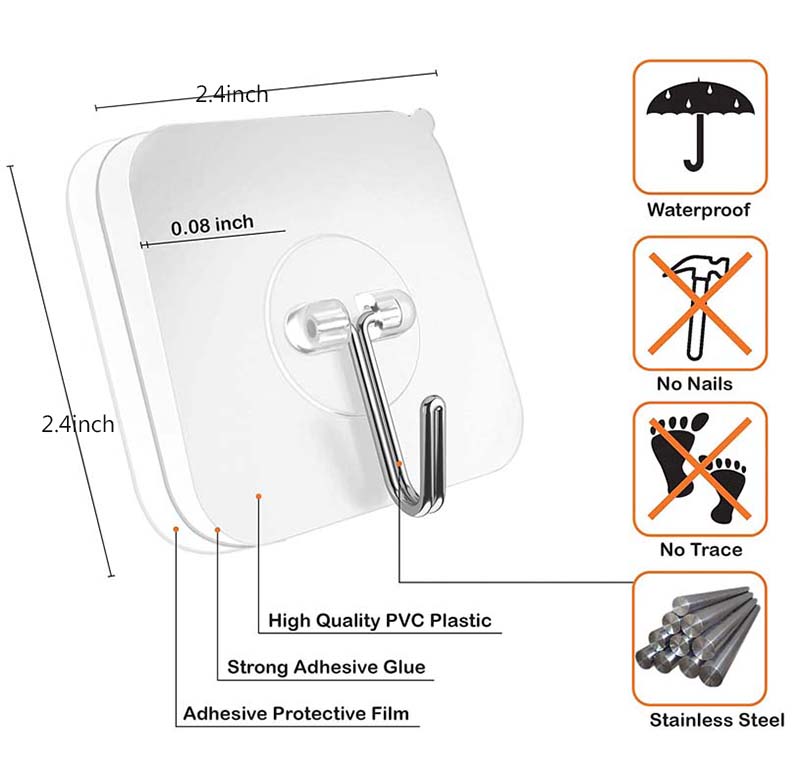 Wholesale Waterproof Strong Adhesive Sticker Door Wall Hanger Hooks Self Adhesive Transparent Hooks extra Strong Seamless