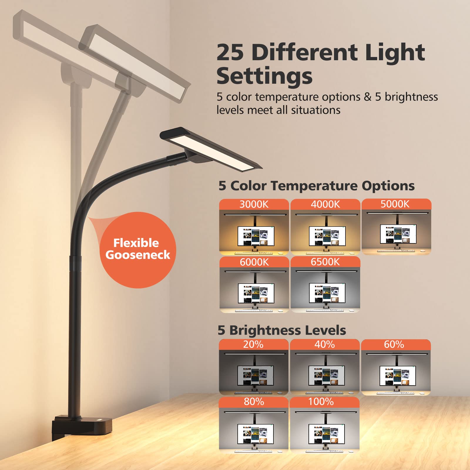 Simple No Screen Glare LED Table Light Flexible Durable Gooseneck Modern Touch Control Electric ABS Clamp Lamp Large Lighting