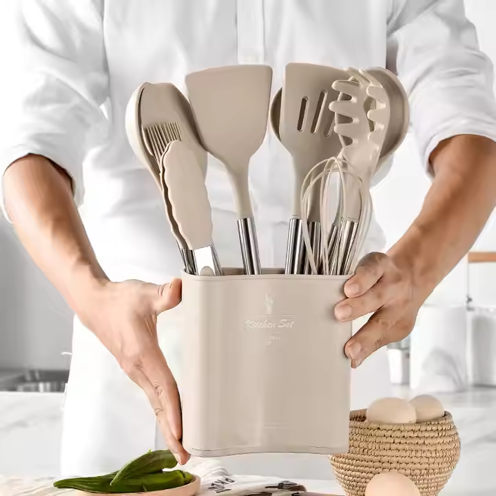 13-Pcs Silicone Kitchen Utensils Set Wooden Handle Non-Stick Heat Resistant BPA-Free Cookware Stirring Spatula Spoon