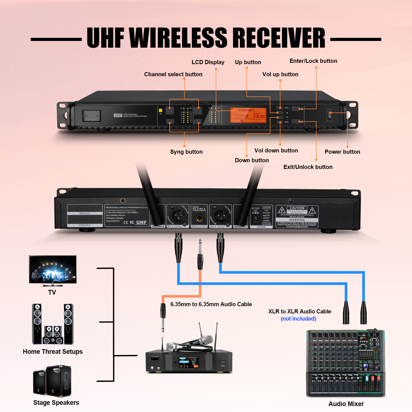 UX22 Professional 262FT Portable Microphone 2 Channel Handheld Uhf Wireless Microphone System