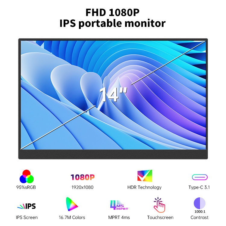 14 Inch IPS Portable Touch Screen Monitor 1080P FHD 1920x1080 Type-C HD Multi-Touch  External Display for Laptop