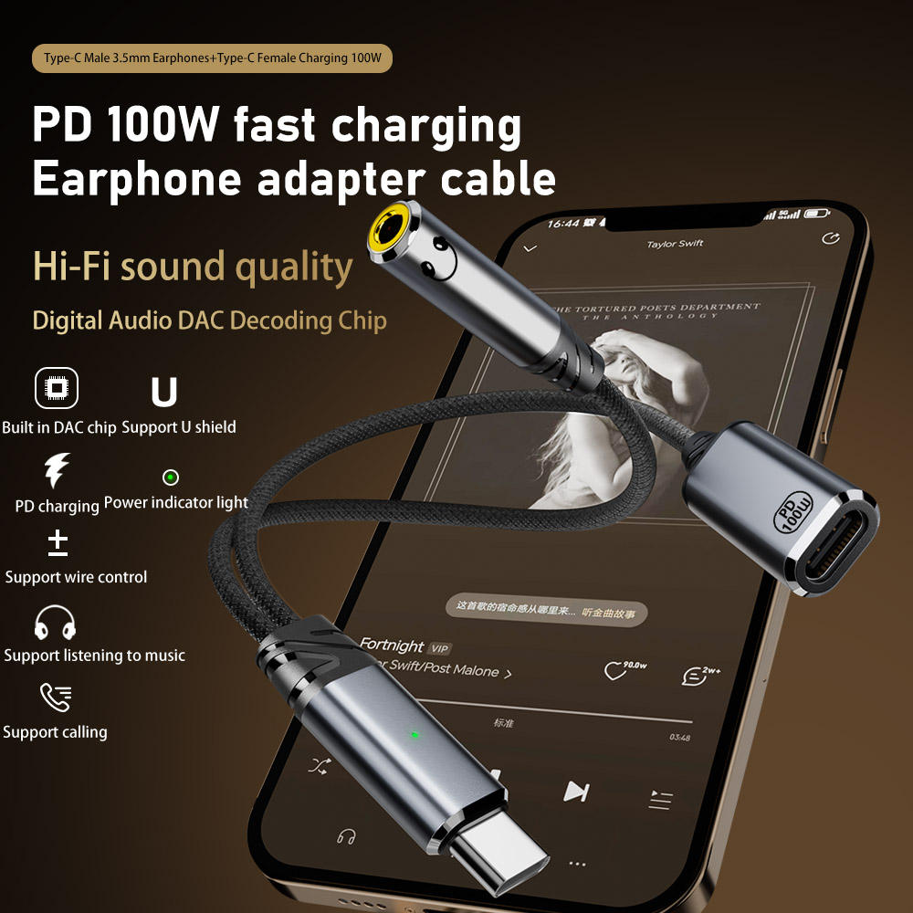 2-in-1 USB-C Headphone Adapter PD 100W Fast Charging 3.5mm Audio Jack Nylon Cable Speaker Microphone Amplify Computer Projector