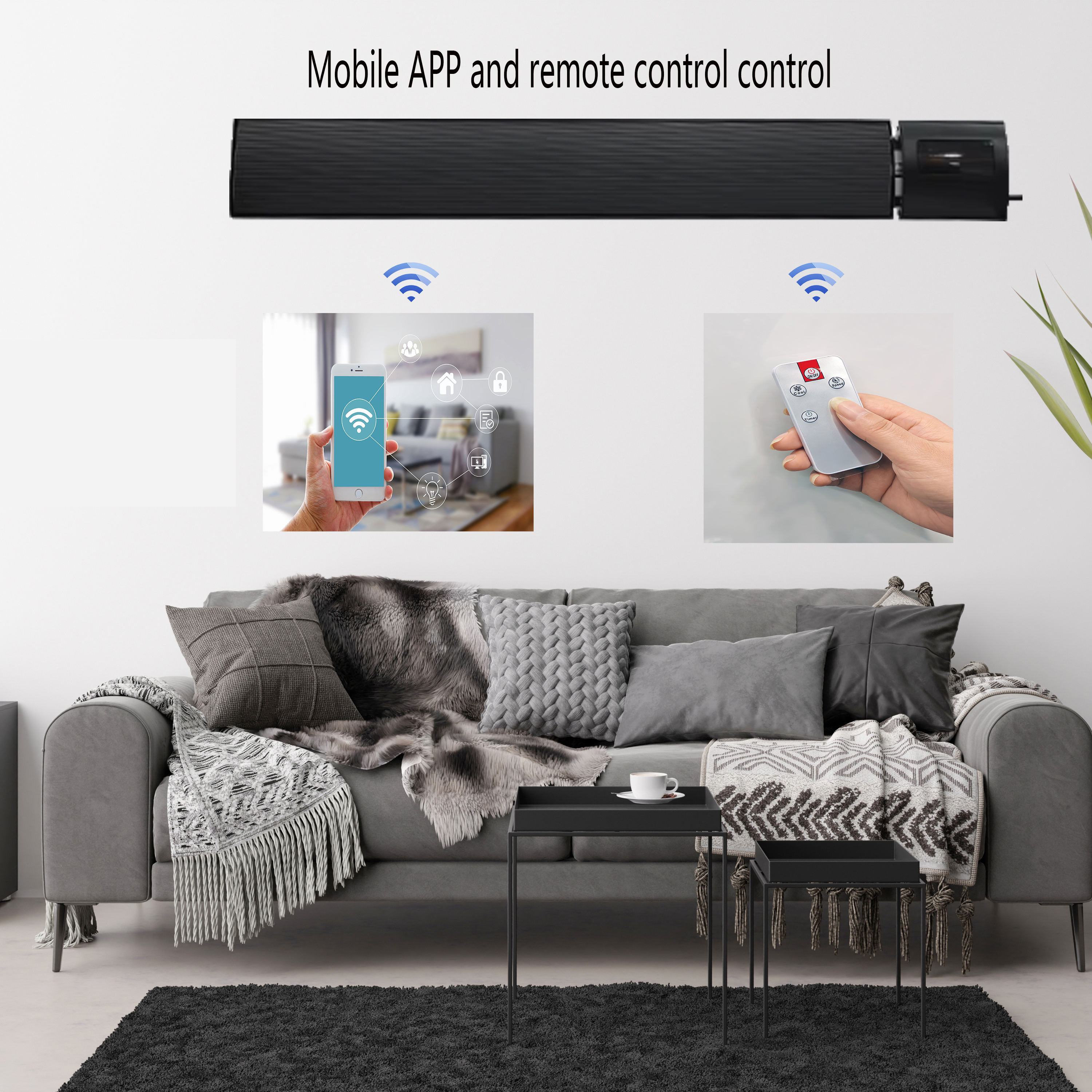 1800W Electric Far-Infrared Heating Frameless Remote Control Wall/Ceiling Heater Aluminum Carbon Lighting Wall Mounted