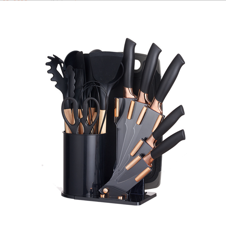 Kitchen Utensils Set 19 Piece Stainless Steel Kitchen Knife Set Silicone Cookware With Wooden Handle for Cooking